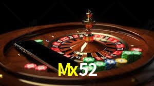 Una escena digital vívida inspirada en casino con Mx52 mostrado prominentemente, luces brillantes, fichas, cartas y acentos dorados.