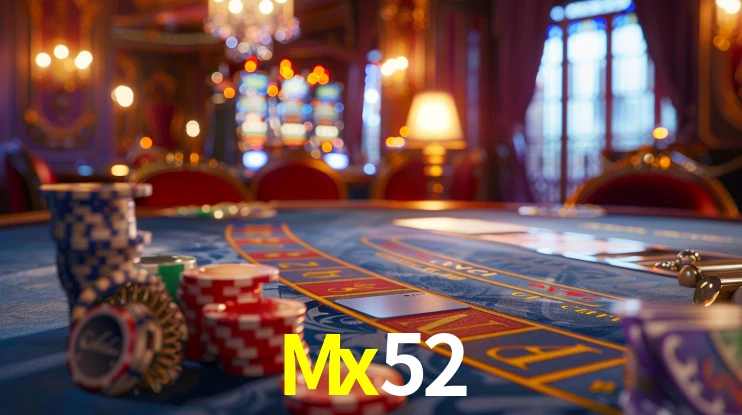 Escena dinámica inspirada en casino con iluminación Mx52, cartas, fichas e íconos de juegos digitales en un espacio moderno de juegos.