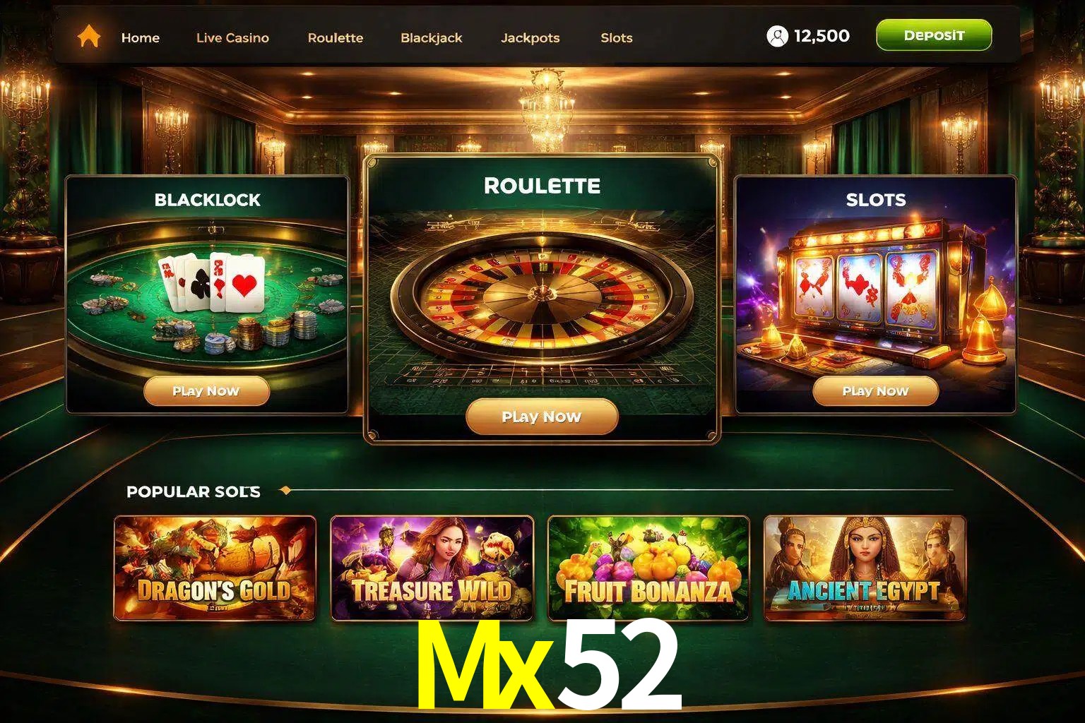 Vista de la plataforma Mx52 Casino mostrando categorías organizadas de juegos en línea